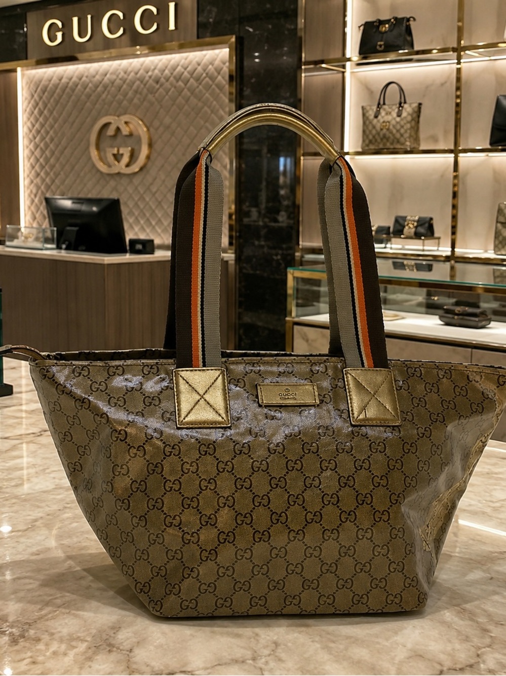 Gucci Brown GG Crystal Tote with Striped Black and Orange Handles